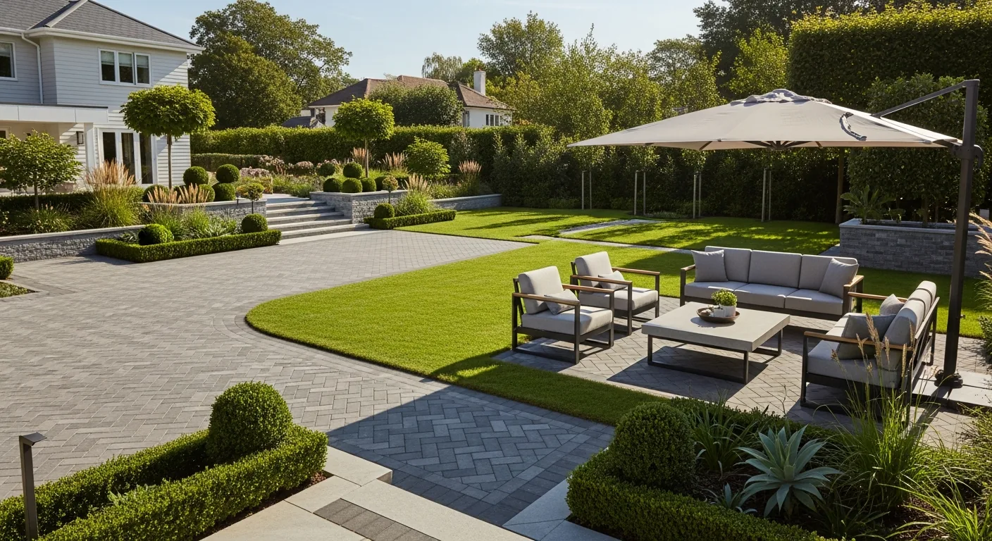 Grey block paved patio and pathways around a landscaped garden seating area